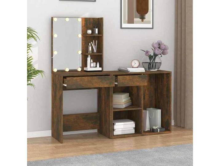 Meuble de maquillage - Coiffeuse à LED avec armoire - Chêne fumé - Bois d'ingénierie - Assemblage requis（3066）