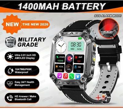Uplift Essentials "TANK Ultra Military Smart Watch 1400mAh Battery & 2.01"" AMOLED 10ATM Waterproof GPS Tactical SmartWatch starlight Leather"