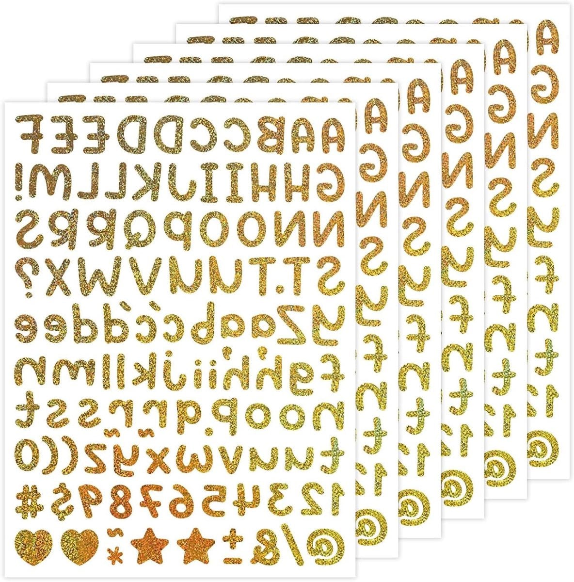Gouden Letter Stickers met Glitter Ontwerp - 6 Vellen Zelfklevende Decoratie voor Knutselen - Goud
