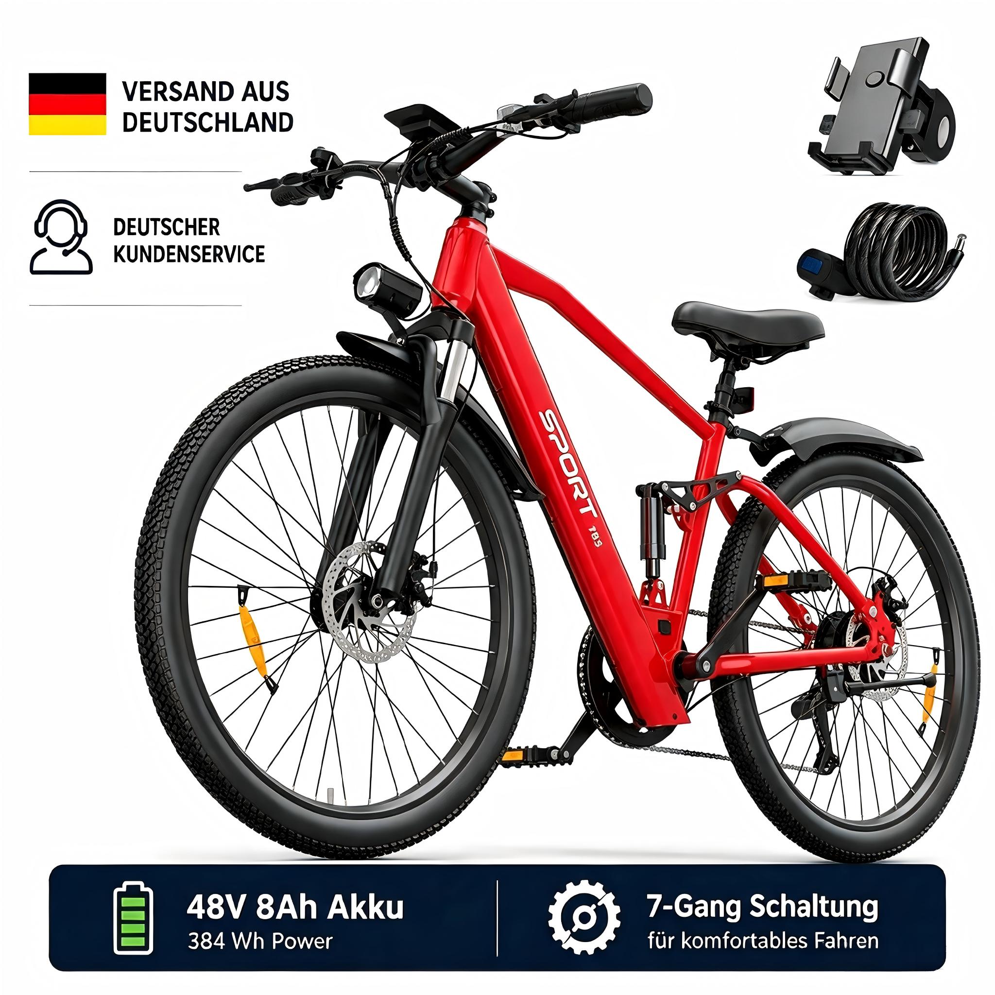 PiXELPiLOT T8S E Bike, Trekking E-Bikes Doppelte Federung, 250W Pedelec, 48V 8Ah Akku, Shimano 7-Gang, LED-Licht, LCD Display