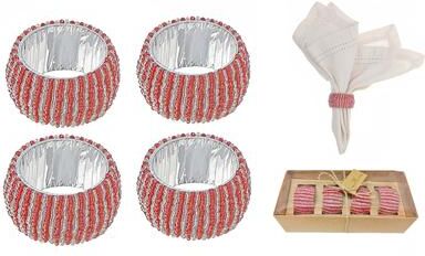 IH Casa Decor 4PC Beaded Napkin Ring With Craft Box Red & Silver