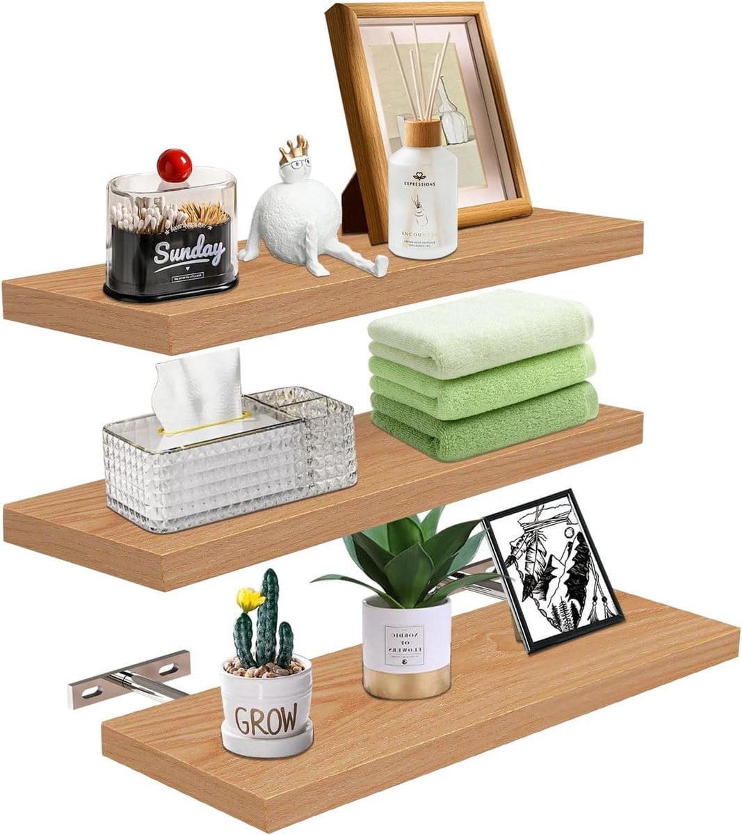 Zwevende Wandplanken Set van 3 - Houten Wandplanken voor Woonkamer, Badkamer en Keuken