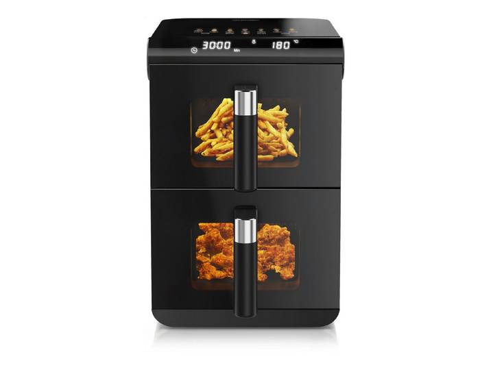 Arendo Heißluftfritteuse mit 2 Kammern Übereinander, XXL Dual Zone Airfryer 11L, Doppelkammer, 2800 W, mit Zubehör, Umluft Backofen, Sichtfenster, fettarmes gesundes Kochen