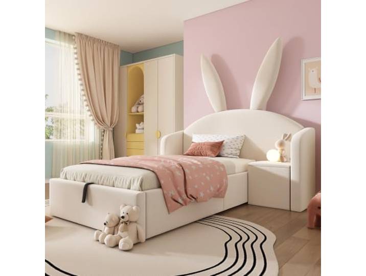 BXEYXE Jugendbett 90x200cm mit Bettkasten Hydraulisch, Polsterbett mit Nachttisch & Hasenohr-Design, Samtstoff Bettgestell, Beige (Ohne Matratze)