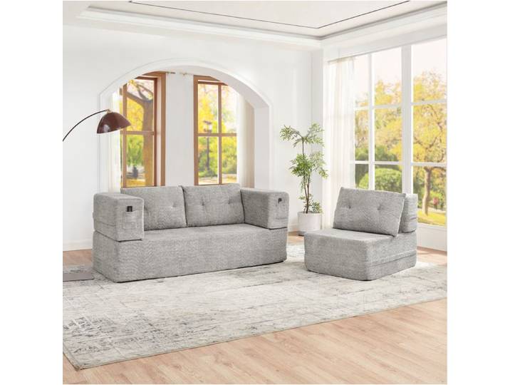 Canapé modulable convertible AESVAR 3 places avec fauteuil tissu gris clair sans montage