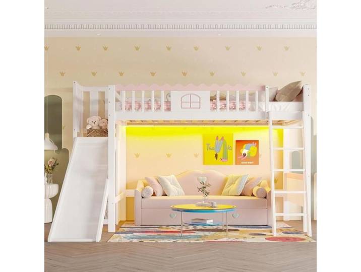Lit mezzanine enfant - KOMHTOM - Mezzanine 90x200 - LED intégrée - Toboggan - 3 étagères