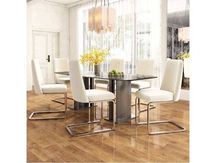 Chaise de Salle à Manger Lot de 6 Dossier Losange - LPOSPI - Pieds en Métal Argenté Velours Beige