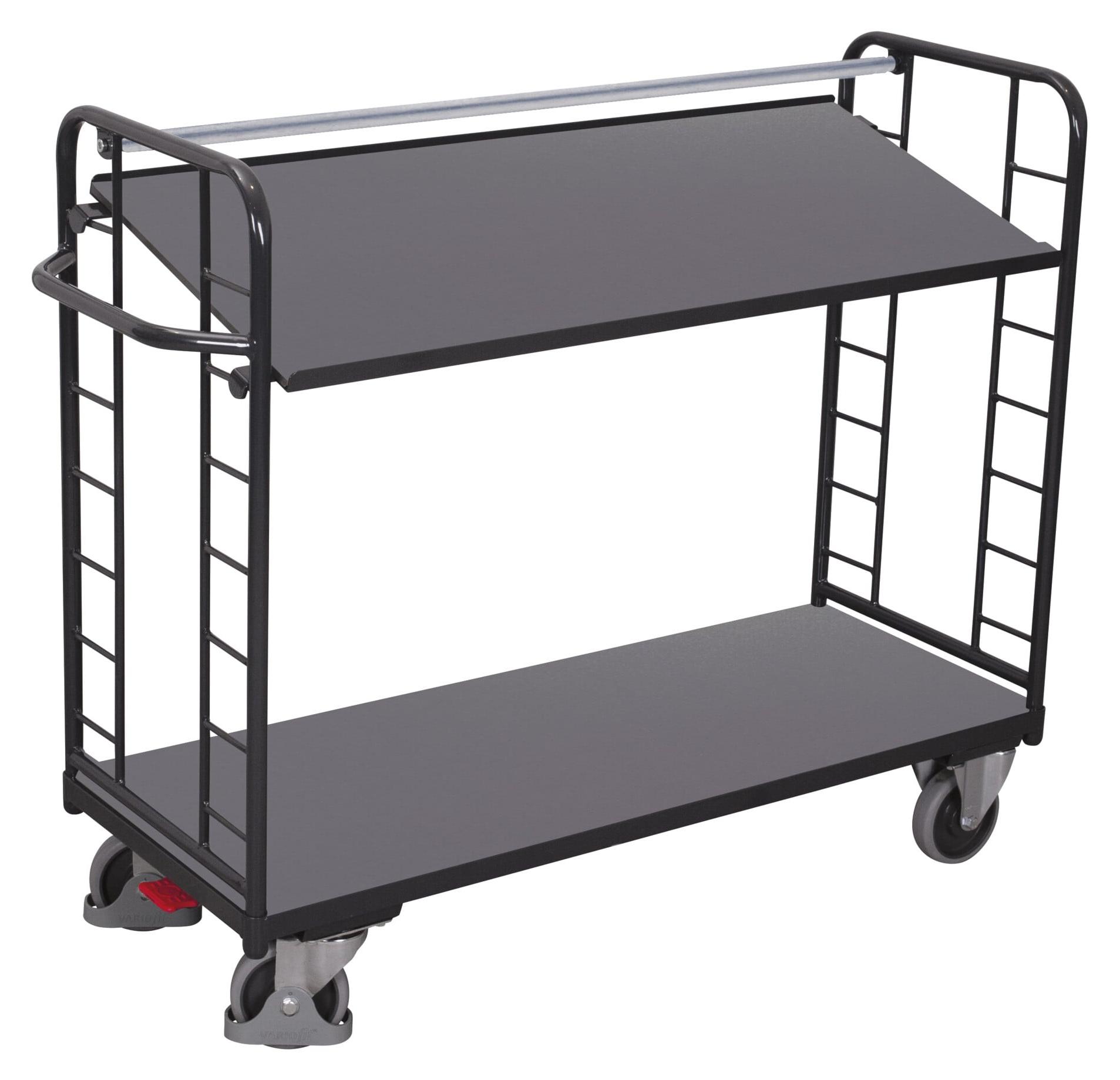 VARIOfit Etagenwagen mit Seiten aus Drahtgitter, Rohrschiebegriff und neigbarem Etagenboden 1650x650mm Anthrazitgrau RAL 7016