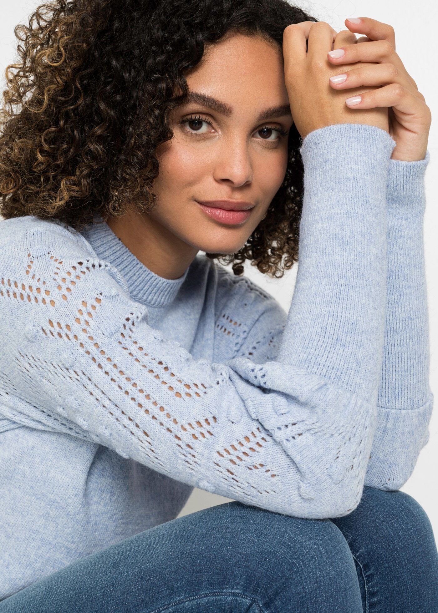 Strickpullover BONPRIX, Damen, Gr. 36/38 (S), blau (hellblau), Strick, Obermaterial: 84% Polyacryl, 10% Polyester, 6% Polyamid, gemustert, unifarben, bequem hüftbedeckend, Rundhals, weit extrabreites Bündchen, Pullover Strickpullover, Ballonärmel mit toll