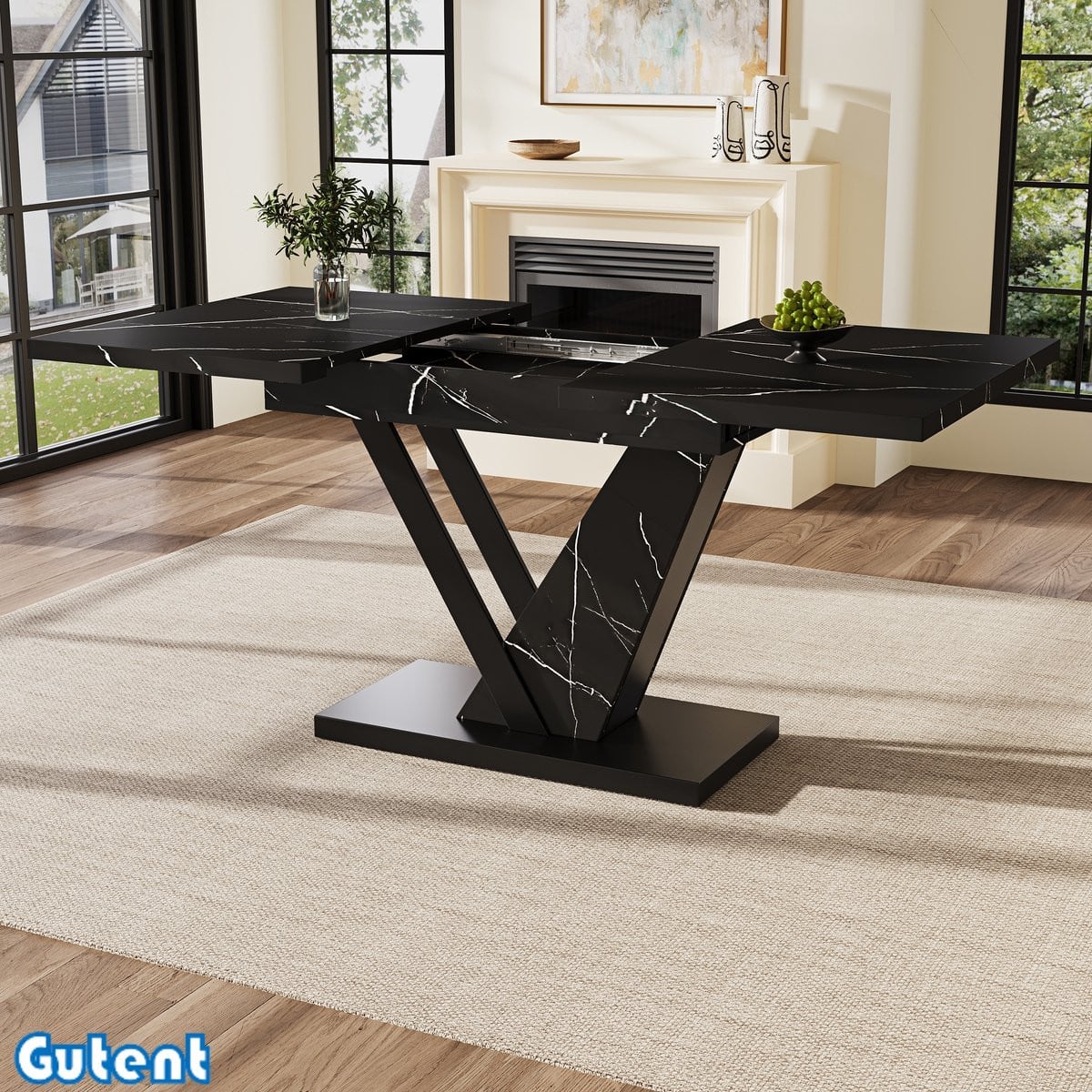 Gutent Uitschuifbare Eettafel met Intern Inzetstuk - Zwart - B: 120-160 cm, D: 75 cm