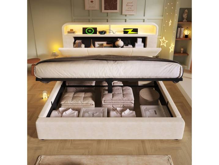 Hydraulisches Doppelbett 140x200 cm in Beige Samt mit Stauraum-Kopfteil LED-Beleuchtung & USB/Type-C Dock