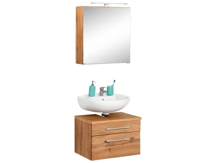 Badmöbel-Set WELLTIME Davos , braun (eichefarben), Holzwerkstoff, MDF, Melamin, Kastenmöbel-Sets, Badmöbel-Set, Spiegelschrank und Waschbeckenunterschrank