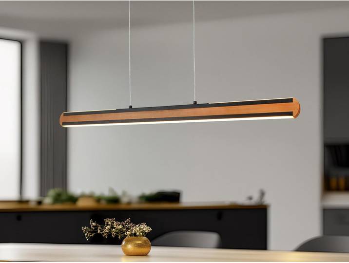 LED Balken Pendelleuchte DEACON mit Holz, Breite 110cm, Braun-Schwarz