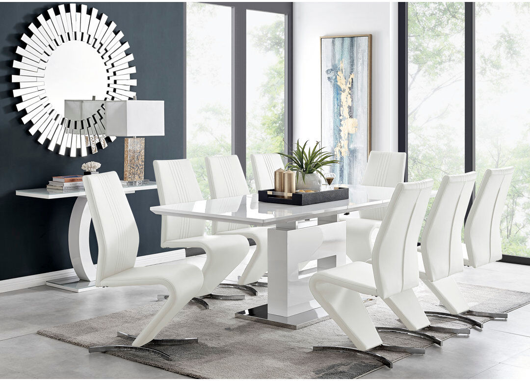 Canora Grey Alezzo Modern High Gloss Extendable Dining Table Set with 8 Modern Design Faux Leather Dining Chairs White 8