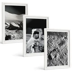 BILDER SET 3er Set - 40x60 cm Weißer Rahmen - NASA-Fotos vom Mond Astronaut