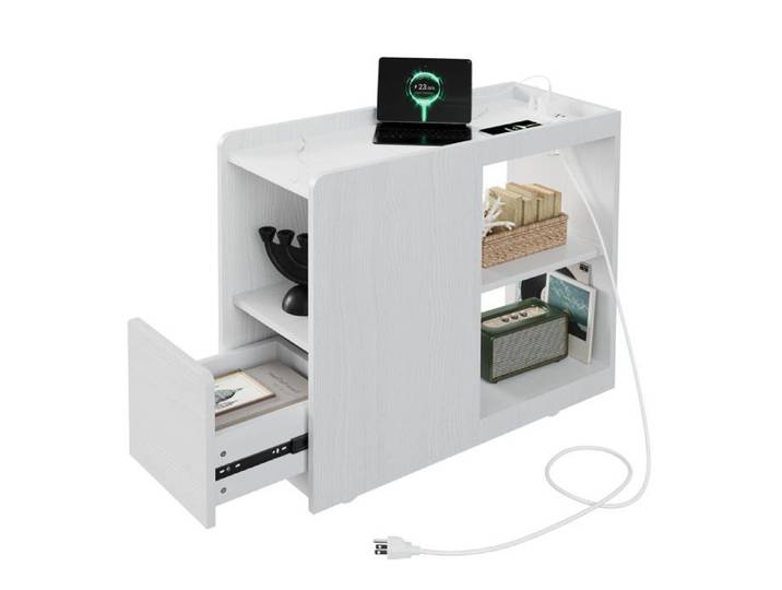 Table de chevet - Table de chevet avec station de facturer intégrée - Étagère réglable – pour chambre petit espace - Blanc