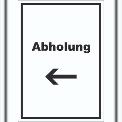 HB-Druck Abholung Aufkleber mit Text und Richtungspfeil links Post hochkant A7 (74x105mm)