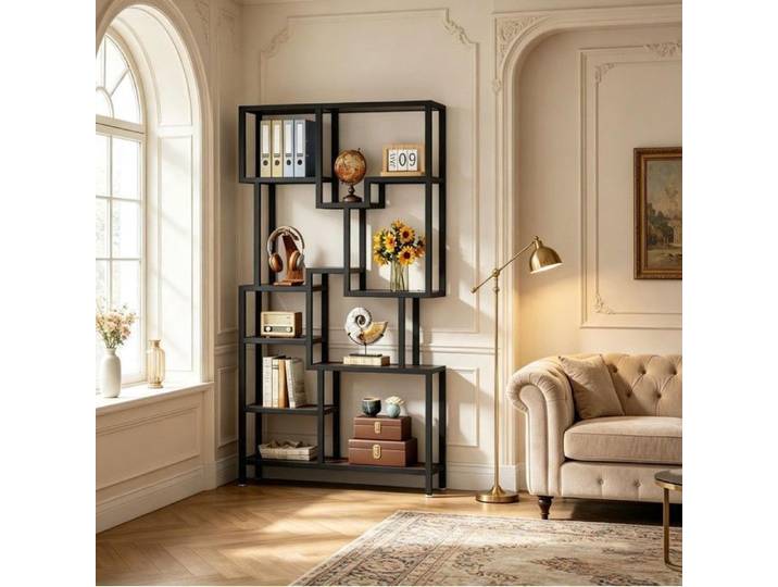 MEUBLIV Bibliothèque étagère ouverte asymétrique 7 niveaux style industriel noir et bois