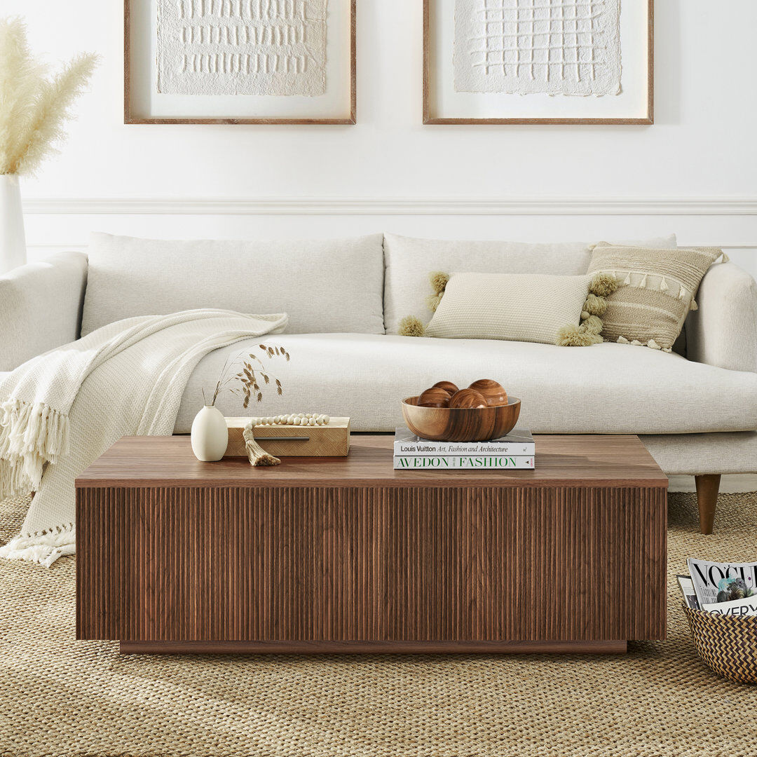 Brayden Studio Tiegan 48" Wide Rectangular Fluted Coffee Table Alder Brown 38.1cm H X 120.65cm W X 55.88cm D