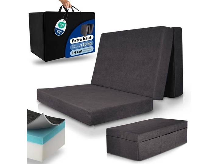 Beautissu Premium XXL Matelas Pliable 120x200 cm Anthracite avec housse – Extra Épaisse epaisseur 14 cm Degré Fermeté H3 & Housse