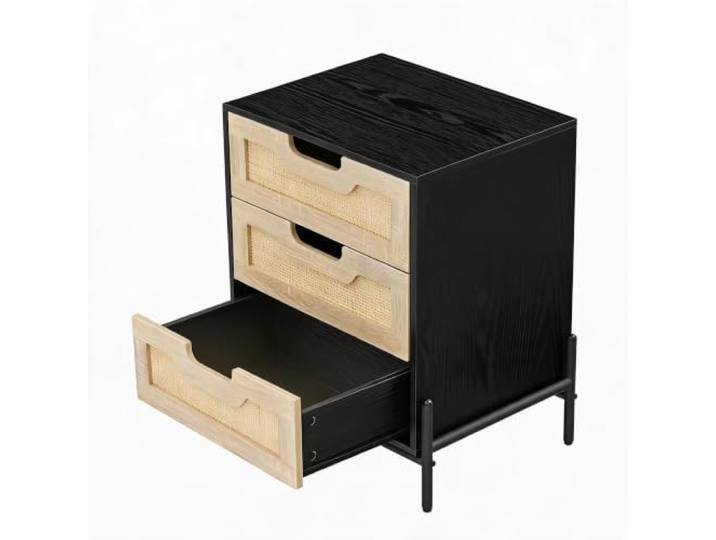 FairyLee Rattan Nachttisch Schwarz Mit 3 Geflechtschubladen Mid-Century Boho Design Stabile Holzbeine Ablagefach Für Schlaf Wohnzimmer
