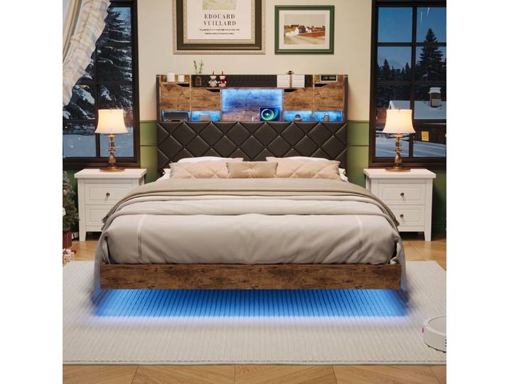 Lit double 140x200 suspendu lit suspendu avec LED et USB Lit capitonné 140x200 lit double lit flottant structure robuste