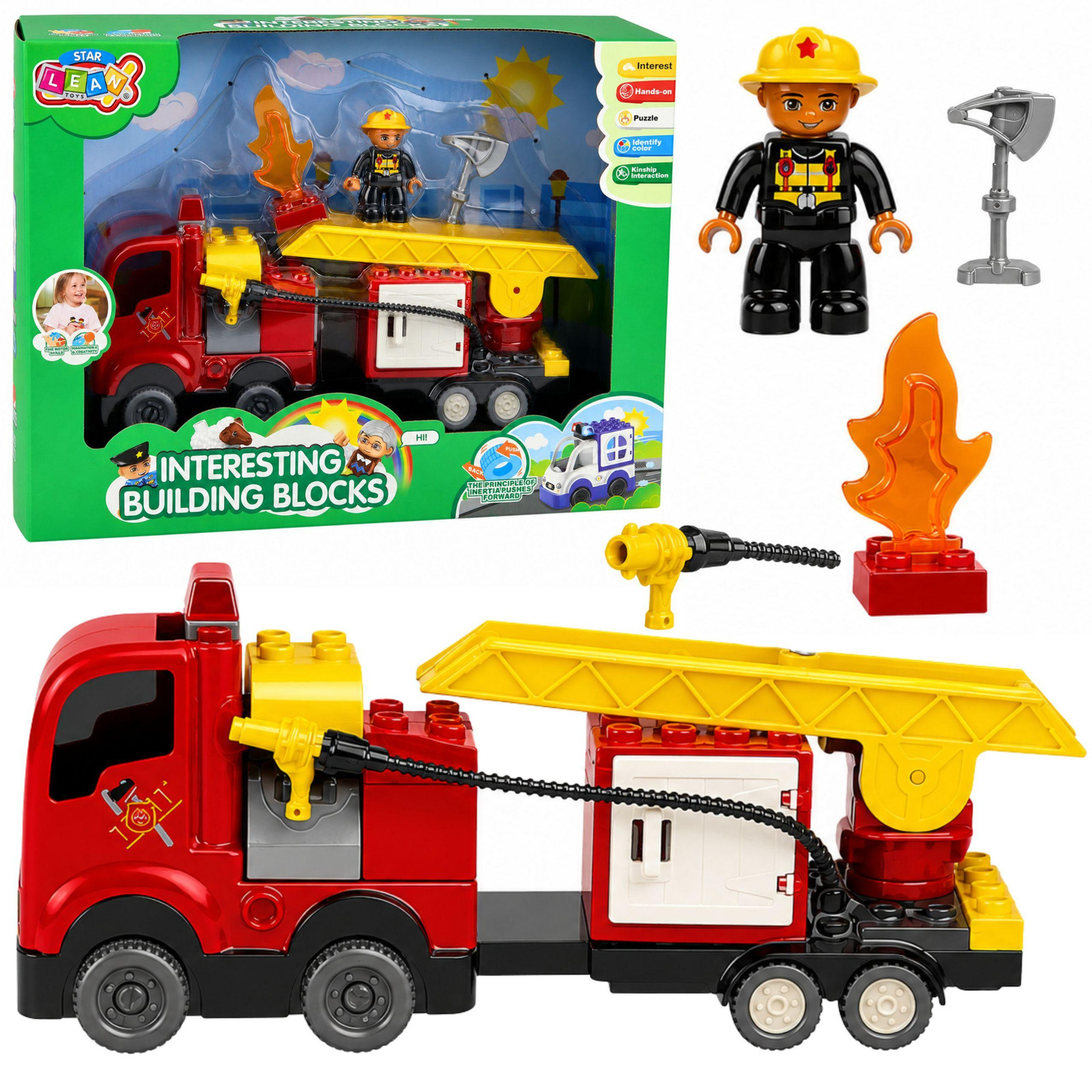 Lean Toys Bouwstenen Set Brandweerwagen met Brandweerman Figuur