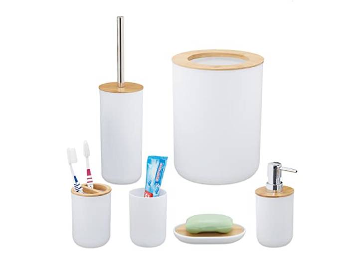 Relaxdays badkameraccessoires set, 6 delig, badkamerset kunststof, bamboe, volledige badkamer & toilet set, wit