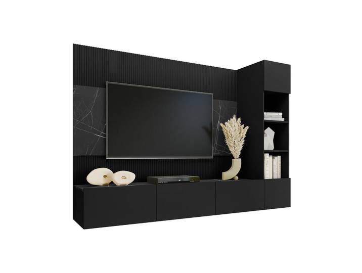Mirjan24 Wohnwand Deromi II, Schwarz, Marmor Optik, 220x150x38 cm, Wohnzimmer, Wohnwände