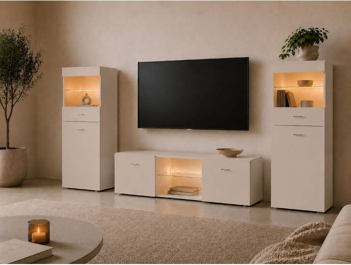 Wohnwand BORCHARDT MÖBEL Scala, Mediawand 3-teilig mit 2 Vitrinen und Lowboard , beige (kaschmir), Mit Griffen, Kastenmöbel-Sets, Wohnwand, Mit Griffen oder Push-to-open-Systemen, Fronten matt oder glänzend