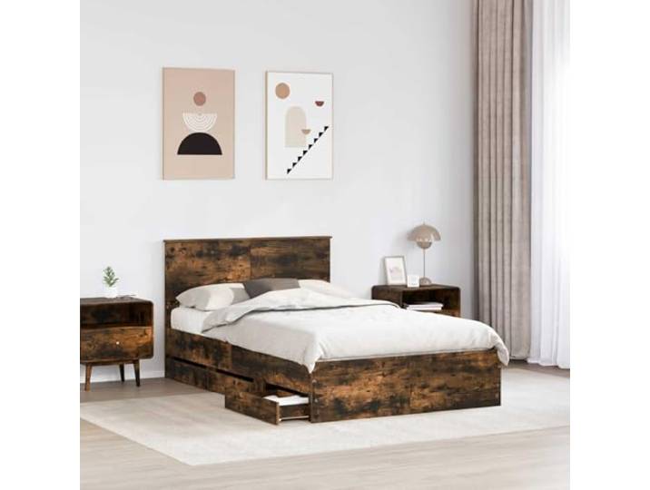 KTHLBRH Bettgestell Eiche Rauchgrau 135 x 190 cm Technisches Holz, 6 Schubladen, fester Lattenrost, minimalistischer Stil