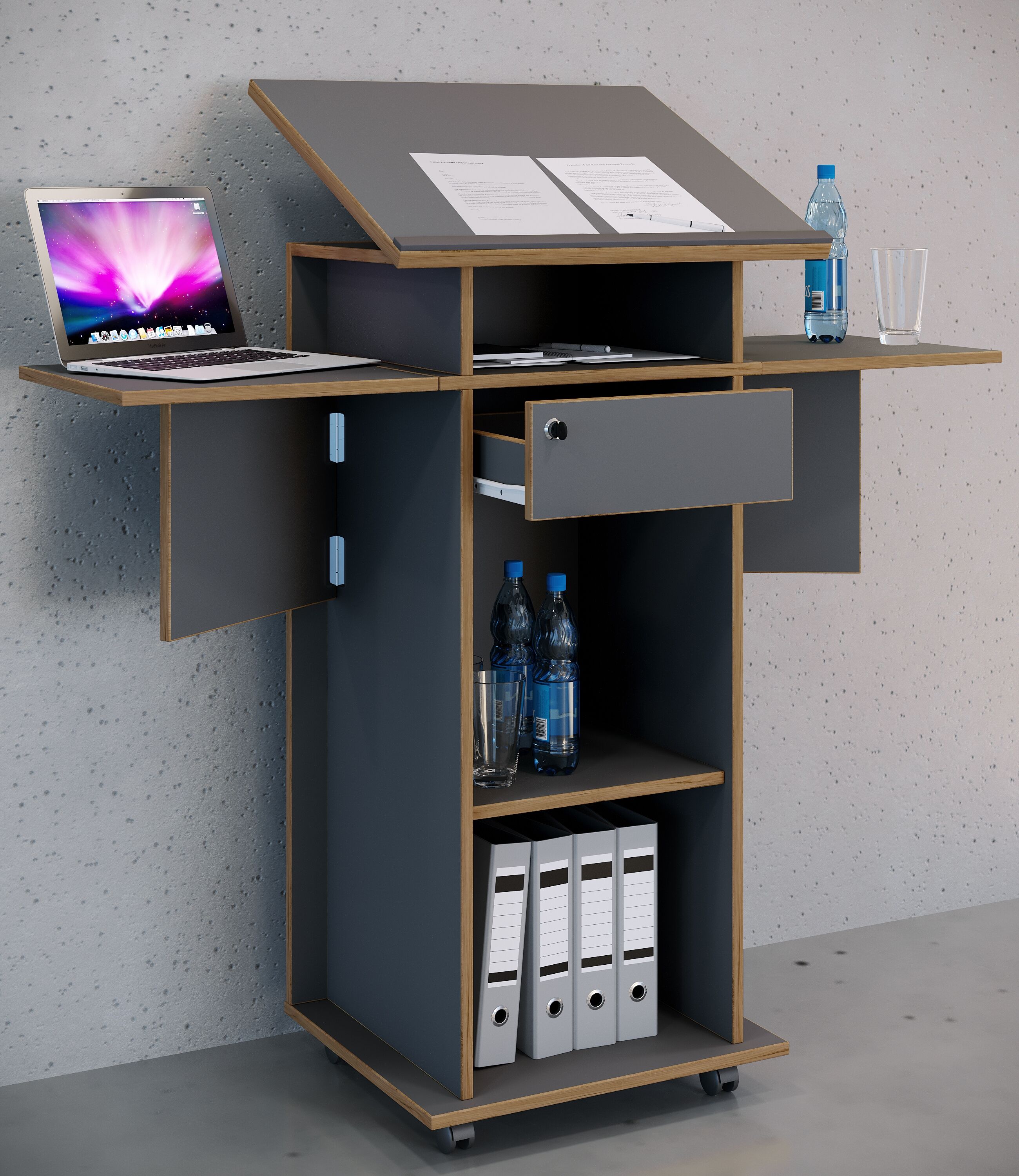 Bürowagen VCM "Holz Stehpult Rednerpult Stehtisch Rollen Salia", schwarz (anthrazit), B:123cm T:50cm, Tische, Bürowagen
