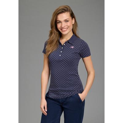 Poloshirt KANGAROOS, Damen, Gr. 36/38, blau (marine, weiß, gepunktet), Rippware, Obermaterial: 100% Baumwolle, bedruckt, figurbetont hüftbedeckend, Shirts, figurbetonter Schnitt, bedrucktes Punkte-Motiv, Hemdblusenkragen