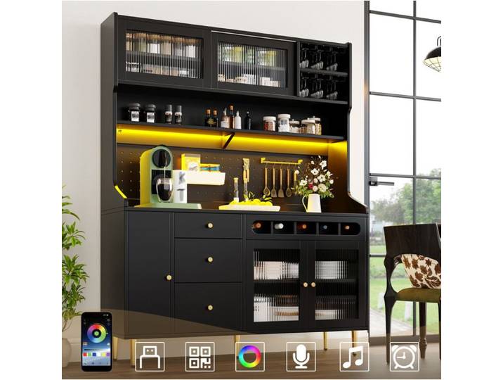 VUENOR Buffet haut 145 x 39 x 171 cm noir – LED étagères réglables