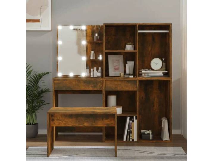 BEL ACHAT*Ensemble de coiffeuse avec LED - bureau de maquillage - Chêne fumé Bois d'ingénierie Promo639580