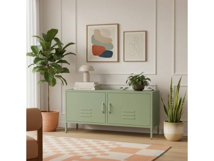 skølm Atria Lowboard 105x38x55 cm, Mintgrün, aus Metall, TV Schrank stabil Fernsehtisch mit 4 verstellbaren Fächern, TV Board, Sideboard/Fernsehschrank/Wohnzimmerschrank/Metallschrank für Wohnzimmer