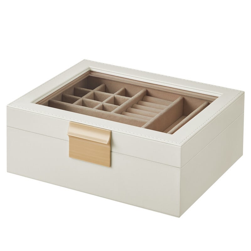 JOYFURNOS sieradendoos met glazen deksel, 2-laags sieradenorganizer met uitneembare lade, wolkwit en metallic goud