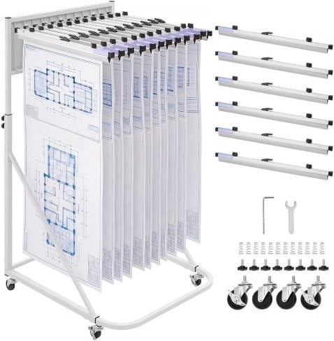 VEVOR Mobiel Opbergrek voor Blauwdrukken met 6 Aluminium Klemmen, Wit