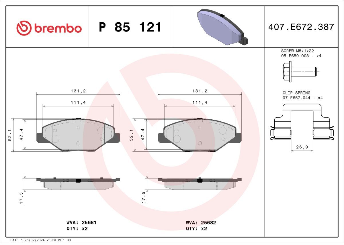 Bremsbelagsatz BREMBO P 85 121X