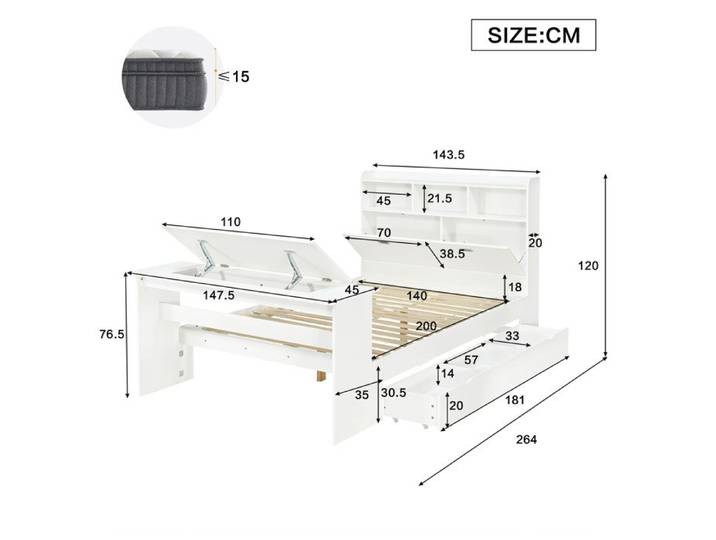 Lit combine 140x200 avec rangement tete de lit etagere tiroir lateral et table rabattable reglable blanc ORVRYN