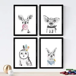 POSTER Set mit 4 Kindern Tieren mit rosa Kaugummi und Gläsern A3 Rahmenlos