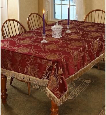 Violet Linen Prestige Medallion Damask Pattern, Polyester Jacquard, with Fringes, Tablecloth
