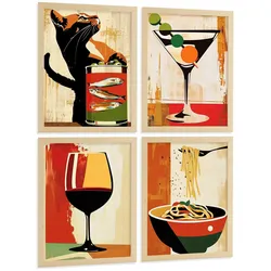 POSTER 4er Set Küchen-Wandbilder Vintage Katze Sardinen Martini Wein und Pasta Retro Esszimmer Bar Deko Rahmenlos A3