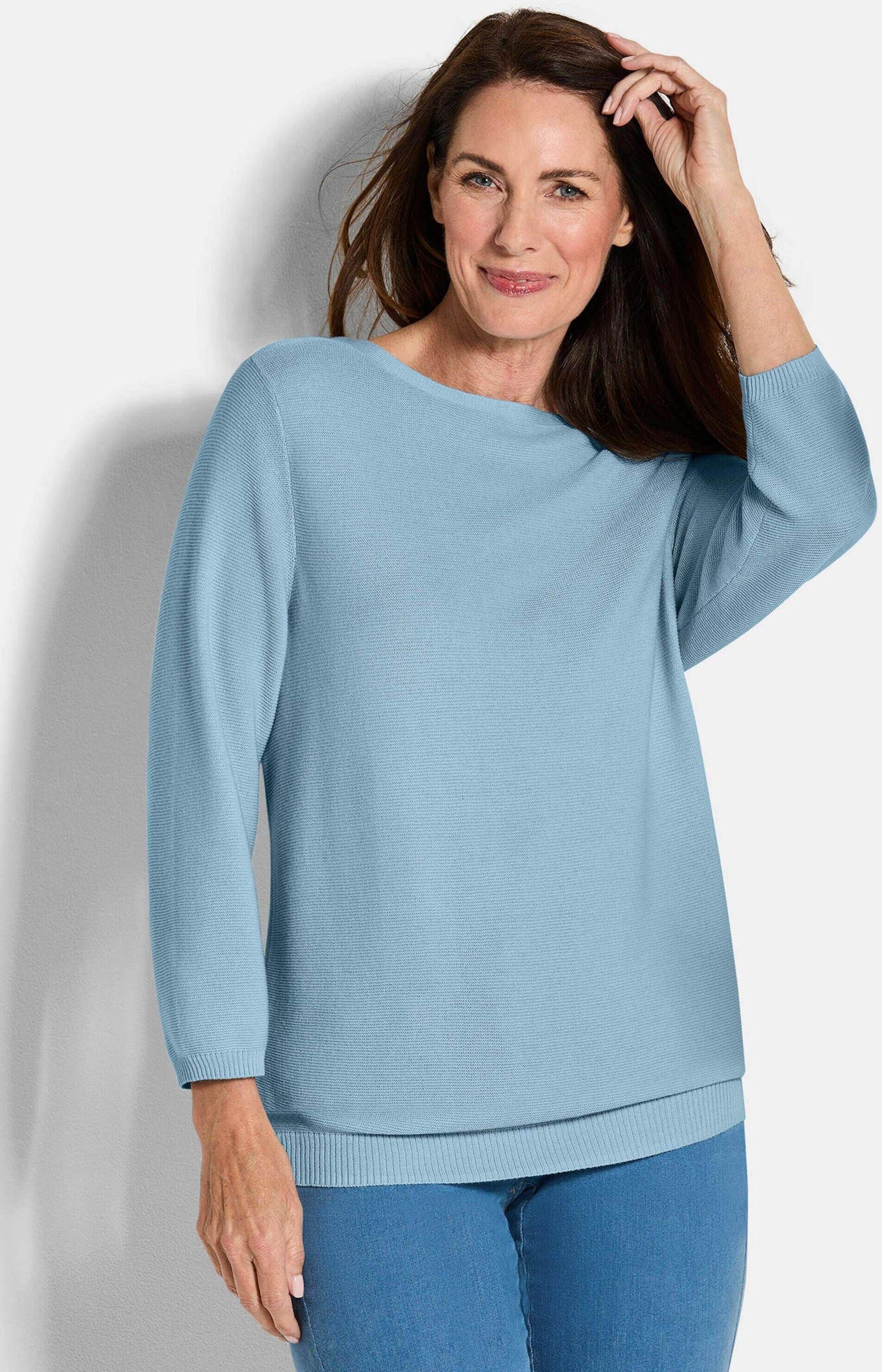 Rundhalspullover GOLDNER "Eleganter Baumwollpullover, Halbarm", Damen, Gr. 44, blau (hellblau), Obermaterial: 100% Baumwolle CO., Modisch, U-Boot-Ausschnitt, Pullover Rundhalspullover, U-Boot-Ausschnitt