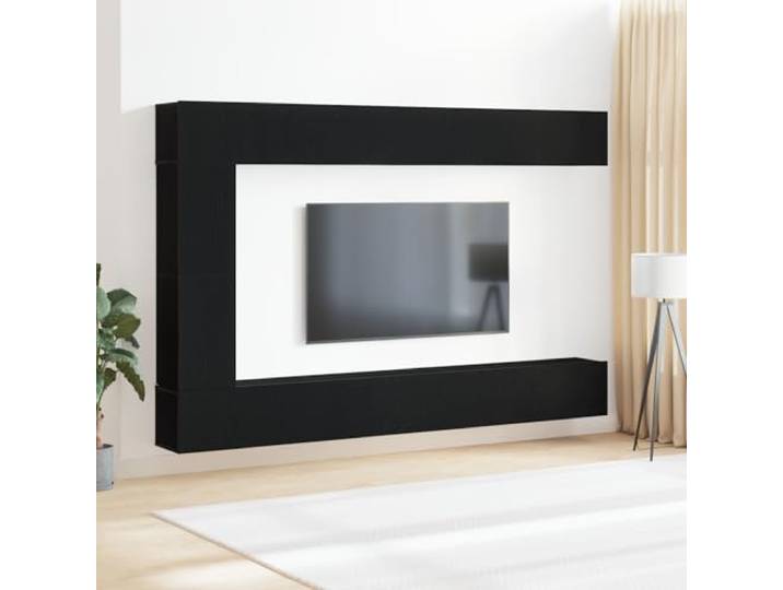 HEFZGDB 7-teiliges TV-Schranksystem Wandmontiert in Schwarze Eiche aus Ingenieurholz mit Schiebetüren und schwebenden Regalen – Modulares Unterhaltungszentrum für optimale