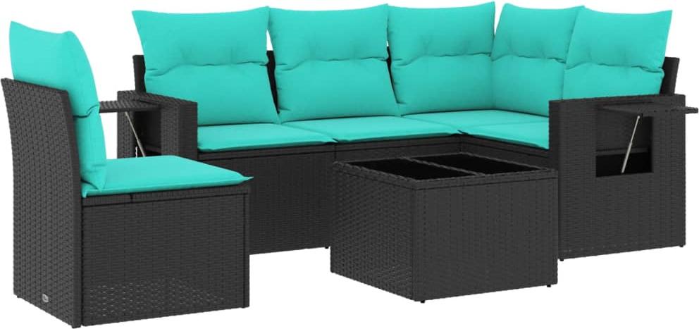 6-teiliges Gartensofa-Set mit Kissen, schwarzes Polyrattan