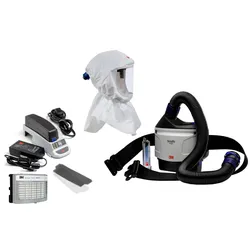 3M TR-315E+ Versaflo Starterpaket inkl. TR-302E, Zubehör und 3M Versaflo Premium-Leichthaube S655 Starterpaket inkl. Kopfhalterung und textiler Halsabdichtung, Material: Web 24