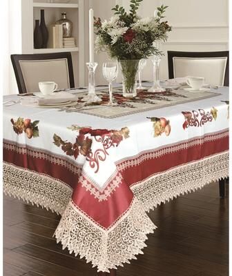 Violet Linen Fruttela Decorative Printed With Lace Trimming Pattern Tablecloth