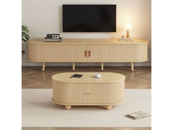 COVREO Ensemble meuble TV et table basse ovales avec rangement MDF aspect noyer clair