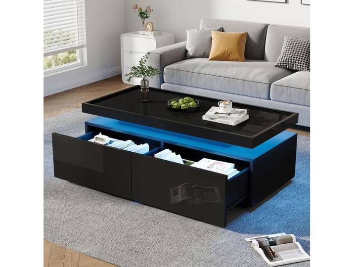 Table basse SENVIRO LED moderne avec deux tiroirs 95x45x35cm noir